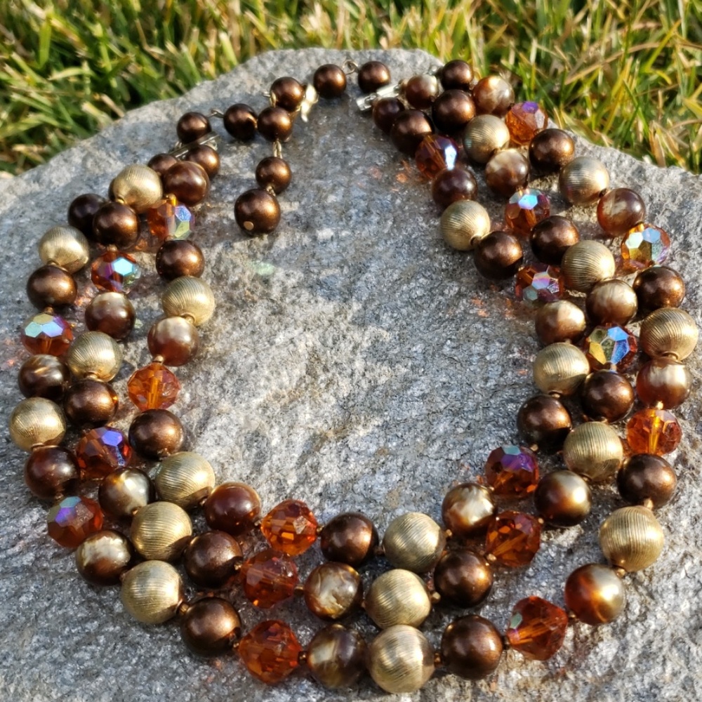 Vtg Laguna 3 Strand Crystal Graduated Bib Necklace